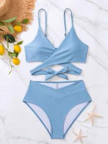 Bikini minimalista de unicolor 2025, ropa de baño de playa de vacaciones de verano,Bañador Sexy Mujeres Bikini Bikini de Playa de Secado Rápido Transpirable Sensación Premium - Azul - Ver 6
