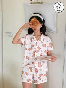 Cute Dolphin Printed Girl's 2 Pieces Pajama Set, Collar Button Short Sleeve Top And Loose Elastic Shorts, Casual Pajama Home Clothes - White - View 4