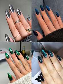 98Pcs(4Mixed )Y2K Long Almonds Glossy Aesthetic Crystal Green, Black, Blue Cat Eye Acrylic Press On Nails Short Almond Nail Design Perfect Fit False Nails Set, Include: 1Pc Jelly Glue And 1Pc Nail File,Green Blue Cat Eye Nails For Woman & Girl Daily Wear Rave Party Use Nail Supplies Nails