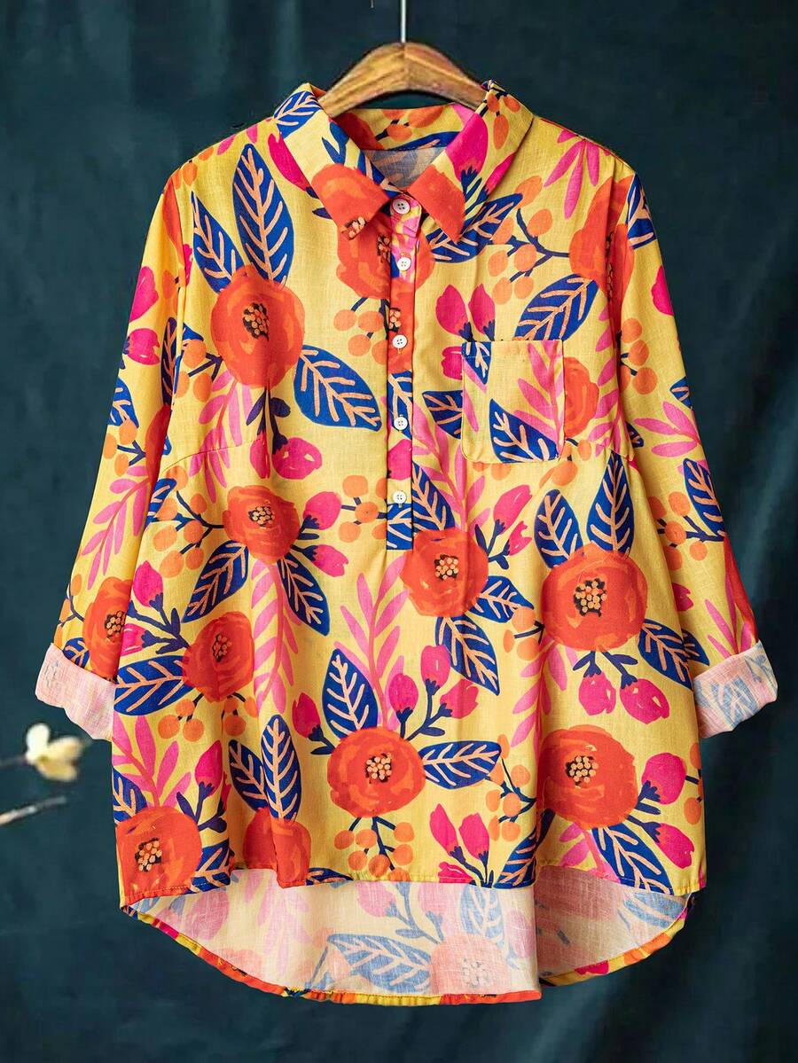 Áo cánh vải lanh giả in hình cây cỡ lớn cho nữ - Màu vàng - Xem 1