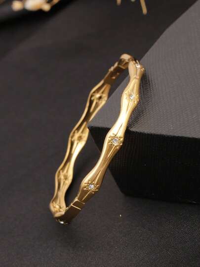 1pc Stainless Steel 18K Gold Plated 8 Star Brushed Textured Cuff Bracelet With Micro-Inlaid Cubic Zirconia, Elegant & Fashionable, Suitable For Women For Daily Wear And Gift For Girlfriend/Wife