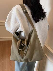 日式大容量绿色帆布托特包，休闲百搭女士单肩包/斜挎包，适合日常使用，办公室，学校，购物，通勤，大学生，年轻专业人士 - 軍綠色 - 查看 5