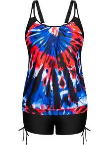 Womens Plus Size Striped Printed Strappy Tankini Top With Shorts Two Pieces Swimsuit - Red Blue Tie Dye - View 1