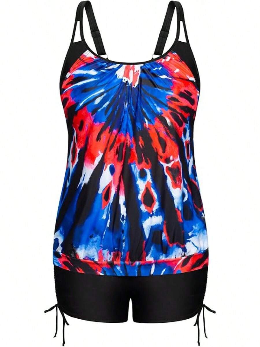 Womens Plus Size Striped Printed Strappy Tankini Top With Shorts Two Pieces Swimsuit - Red Blue Tie Dye - View 1