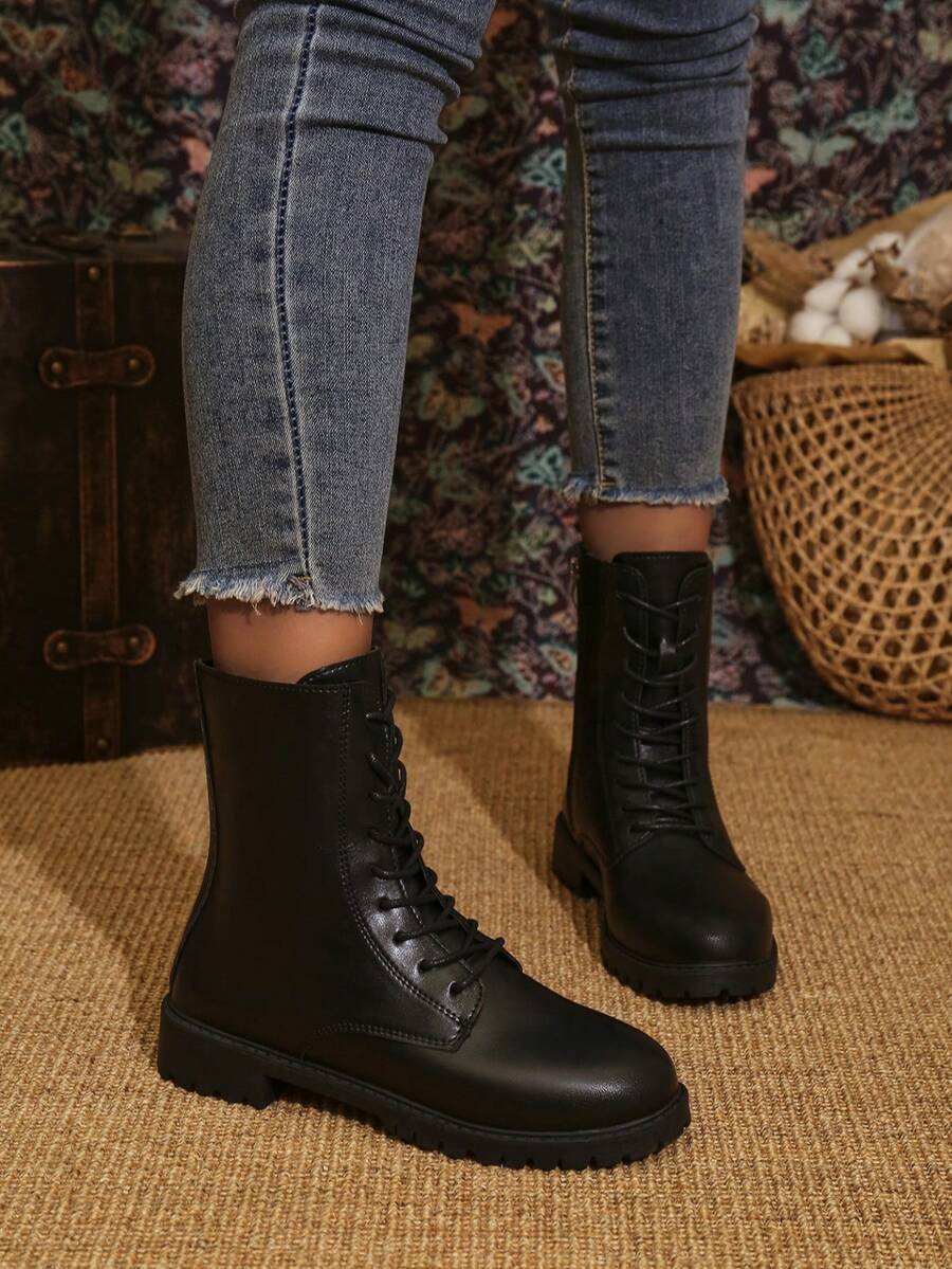 Women's Lace-Up Short Boots, New Spring/Autumn Style, Comfortable Round Toe Flat Outdoor Boots With Side Zipper, Ankle Boots & Booties, Combat Boots, Fall, Winter, Vintage Brown Or Black Leather, All-Match Versatile Boots - Black - View 1