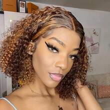 250% Density Honey Blonde Ombre Deep Wave Curly Bob Wig 4/27 Pre-Plucked 13x6X1 Lace Front Wig Glueless Human Hair Wig For Women Wet And Wavy Short Style Elegant Look For Everyday Or Special Occasions - Highlight & Piano - View 10