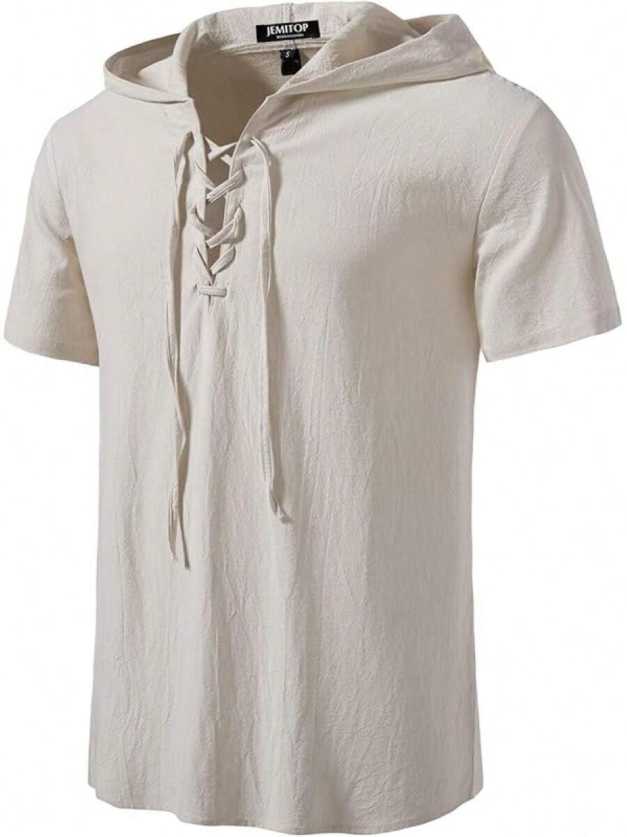 S.Men's Cotton Vintage Hooded Design Short Sleeve Lace Up Shirts Renaissance Medieval Costume - Yellow - View 1