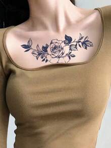 1pc Realistic Temporary Tattoo Sticker, Semi-Permanent Y2K Floral Pattern, Waterproof & Sweat-Resistant, Lasts 1-2 Weeks, Realistic Herbal Juice Effect, Friction-Resistant, Non-Reflective, Black, Unisex, Suitable For Arms, Chest, Legs, Abdomen, Waist, Fingers, Neck, Spine And Other Body Parts, Modernist Body Art - Black - View 2