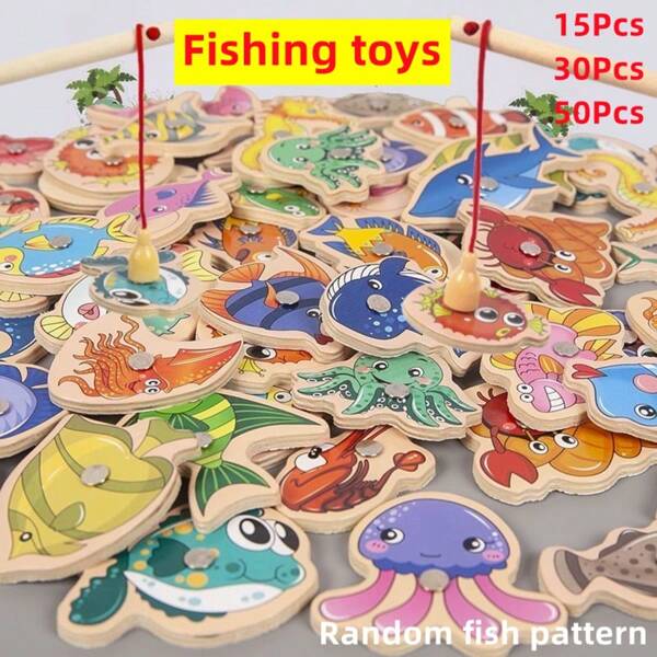 15Pcs Fishing Toy Baby Cartoon Marine Biology Cognitive Fish Game Wooden Magnetic Fish Children's Hands On Parent Child Game Kindergarten Material Fishing Toy Fishing Toys, A Marine Biology Game For Babies, A Comic-Themed, Cognitive Fish Game. Magnetic Wooden Fishing Game. Parent-Child Games In Kindergarten. Wooden Toys, Fishing, Toys For Toddlers, Toys From 1 Year Old Girl, Magnets, Autistic Children Random Style