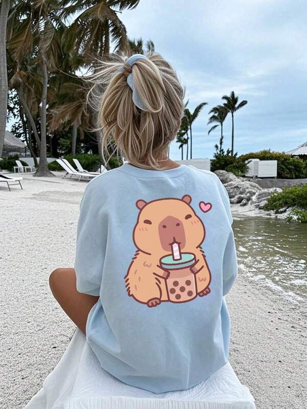 Camiseta casual de manga corta y cuello redondo con estampado, color azul claro, para niñas y estudiantes adolescentes en verano