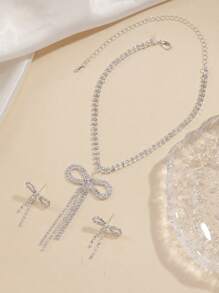 2pcs Women Elegant Necklace&Earrings Set, Double Bow Crystal Tassel Jewelry For Wedding Party,Bridal