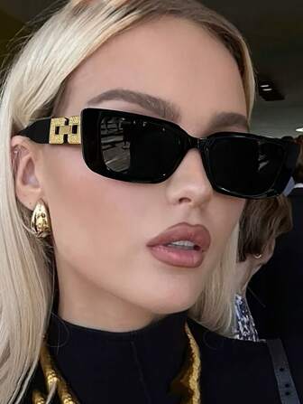 1pc Women's Plastic Square Narrow Metal Decorated Wide Leg Minimalist Retro Casual Fashion Glasses, Suitable For Daily Street Wear Preppy Style For Back To School Aviator Shape Chain Decor