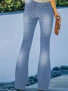 女式性感修身休闲黑色牛仔喇叭裤，优雅弹力修身喇叭裤，适合秋冬穿着 - 淺色水洗藍 - 查看 6