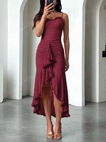 Vestido slip de malla de estilo urbano, escote trasero ajustado, para primavera/verano, bodas, invitados, graduaciones, ocasiones formales, vestidos de verano para mujer
