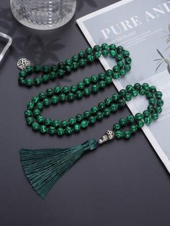 YAUKIA Collar largo con flecos de 8mm, Collar de cuentas de malaquita bohemia, Collar de cuentas de mala verde, Joyería de meditación, yoga, oración para mujeres y hombres