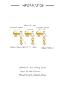 EleRunis 1PC 925 Sterling Silver Rhombic 5/6/8 Mm Flat Back Cartilage Helix Piercing Jewelry For Women Daily Wear Wedding Party Engagement Anniversary Valentine's Day - Gold - View 7