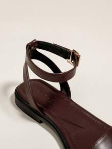 Women's Coffee Brown Flat Open Toe Strap Sandals, Minimalist Thin Strap Soft Bottom Beach One-Buckle Strap Sandals For Summer