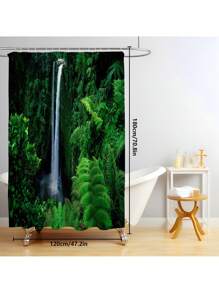 1pc/4pcs Charming Forest Waterfall With Green Leaves & Plant Pattern Bathroom Decorative Waterproof Shower Curtain Set, Includes 12 Hooks, Bathroom Anti-Slip Mat, U-Shaped Floor Mat And Round Toilet Lid Cover, Versatile Bathroom Set Back To School