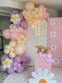 Kit de 105 piezas de guirnalda de arco de globos de color rosa, morado y crema con tema de margaritas para decoración de fiesta de cumpleaños 1er año, bautizo, y eventos