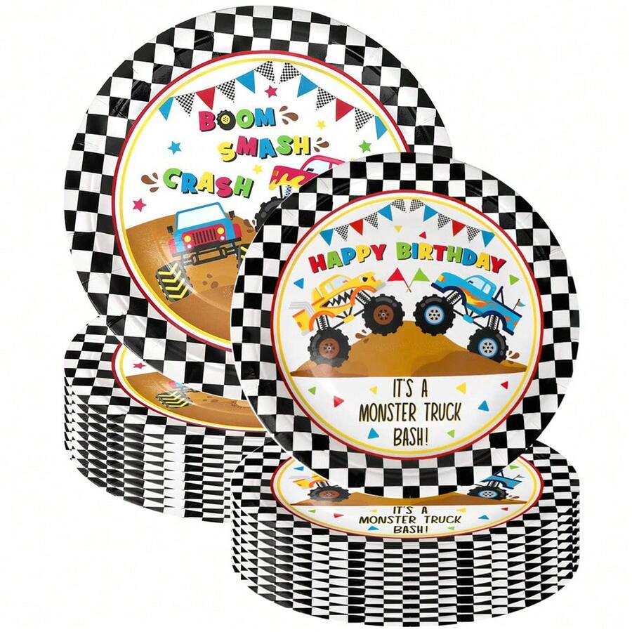 10/20/40/50pcs, Monster Truck Party Tableware Set Monster Truck 7 Inch/9 Inch Plate Car Birthday Party Supplies Decoration Black And White Plaid Theme Birthday Supplies Monster Truck Theme Paper Plates, Napkins And Cups Set, Disposable Party Tableware For Kids Birthday Party, Family Picnic - Multicolor - View 1