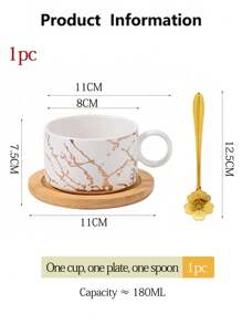 4pcs/Set Ceramic Marble Coffee Cup Set With Gold Stand, Including 4 Cups, 4 Saucers, 4 Spoons, Available In Turquoise Flower Design, 180ml Cappuccino/Latte Cups With Marble Pattern In Black Or White, Handled Espresso Cups