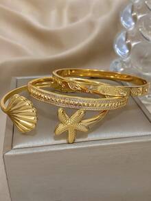 18K镀金不锈钢海洋海星贝壳锆石手链，适合女性佩戴，母亲节礼物，圣诞节、感恩节、万圣节、婚礼、锐舞派对/舞会/聚会/日常/海滩配饰、周年纪念日、情人节、波西米亚风珠宝、生日、伴娘礼物、骄傲月配饰、美人鱼 - 彩色 - 查看 3