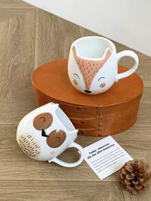 1 件手绘陶瓷杯，带有猫头鹰、狐狸、鹿、熊等可爱动物图案，创意卡通风格杯子，适用于家居装饰、咖啡拿铁杯、早餐牛奶和燕麦碗、礼物和情侣杯 - 彩色 - 查看 7