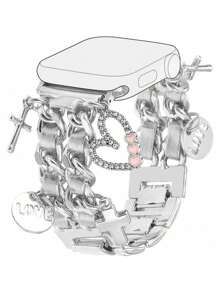 Silbernes Herz-Kreuz Lederarmband, geeignet für Apple Watch 38/40/41/42/44/45mm