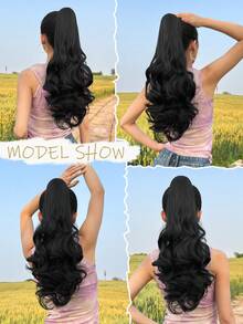 26-28 Inch Long Wavy Brown Synthetic Hair Ponytail Extensions, Heat Resistant Fiber, Claw Clip Design, Suitable For Daily Wear - Black - View 9