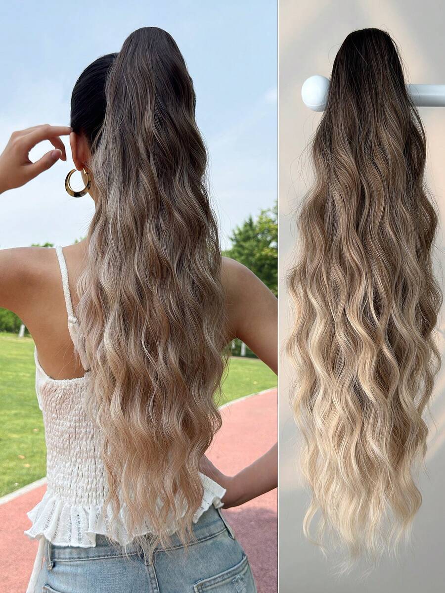 24英寸长水波纹耐热合成马尾辫，日常佩戴假发发圈，女士适用