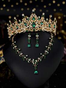 4pcs/Set Girls Children Rhinestone Alloy Crown Necklace Earrings Jewelry Set, Holiday Decoration Accessories, Suitable For Performing, Birthday Party, Suitable For Older Kids And Toddlers
