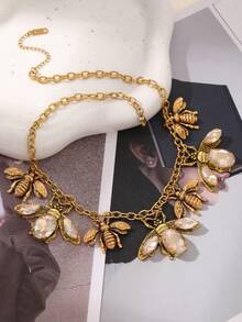 1pc Punk Style Elegant And Fashionable Multi-Color Alloy Titanium Steel Encrusted With Artificial Crystals Faux Pearl Bee Pendant Necklace Party Music Festival Banquet Wear, Men And Women's Versatile Models, Gifts For Friends And Classmates Bee Lovers - Multicolor - View 4