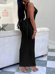 Women's Black Elegant Backless Maxi Dress - Sexy Tie-Detail Evening Gown In Solid Color, Stunning Party Dress For Galas & Night Out - 黑色 - 查看 4