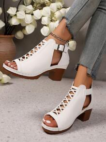 1 Paar bequeme, elegante Damen Sandaletten mit Reißverschluss, Rücken im neuen römischen Stil, Boho-Schnalle, Hochabsatz, für Partys, Festivals, ganzjährig