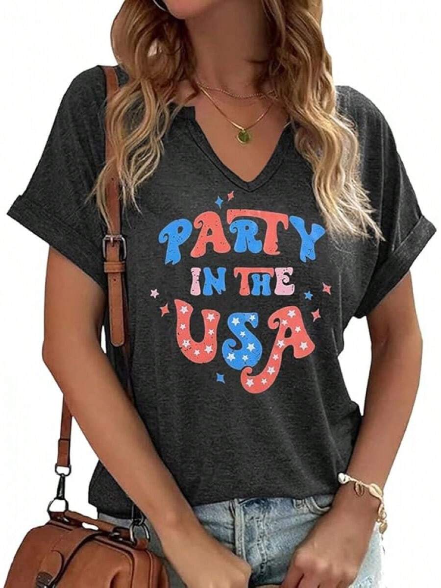4th Of July V Neck Patriotic T-Shirts Women American Flag Print Faith Family Freedom Letter Casual Short Sleeve Tee Tops Halloween Christmas New Year - A-灰色 - 查看 1