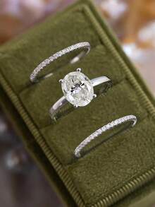 ESBERRY 3枚925纯银高光泽立方氧化锆椭圆形装饰女士结婚戒指，情人节/订婚礼物 - 鑲鑽四爪三套戒 - 查看 4