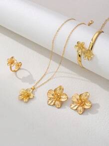 1 Set de joyería de mujer elegante con brazalete dorado con flores, 1 anillo, 1 collar, 1 par de aretes, estilo de vacaciones, regalo para parejas (sin caja de regalo)