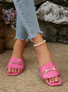 Women's Metal Buckle Slip-On White Sandals, Summer
