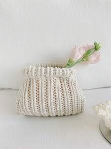 1 Bolso de mano vintage mini de punto, con rayas de unicolor, diseño de pasador vintage, hueco, estilo clásico de vacaciones de los 90, monedero, bolsa para lápiz labial, bolsa de cosméticos, bolso de noche, puede contener teléfono móvil
