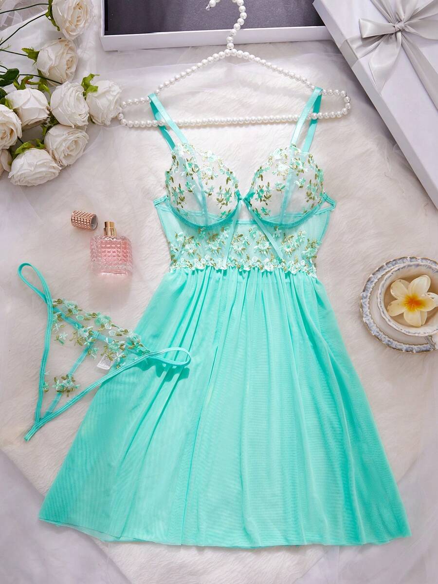 Women Solid Color Mesh Lace Splice See-Through Sexy Camisole Nightgown, Rave - Mint Green - View 1