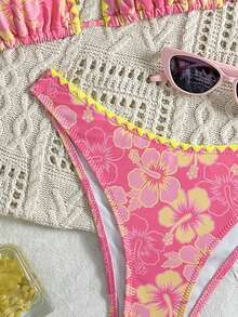Ladies' New Western Style Fashionable Beach Vacation Casual Floweret Print Backless Bikini Two Pieces Swimsuit Set Summer - Multicolor - View 5