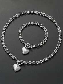 2pcs/Set 18K Gold Plated Bracelet Necklace Charm Chunky Stainless Steel Chain Heart Toggle Choker Jewelry Set For Women Girls Fashion Jewelry Set - Heart Shaped Necklace Bracelet Set - View 10