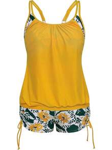 Womens Plus Size Striped Printed Strappy Tankini Top With Shorts Two Pieces Swimsuit - Yellow - View 1