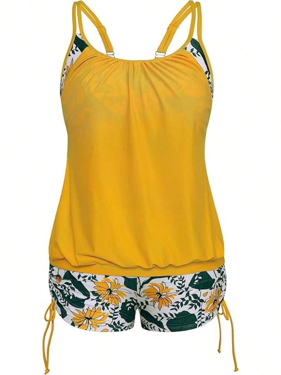 Womens Plus Size Striped Printed Strappy Tankini Top With Shorts Two Pieces Swimsuit - Yellow - View 1