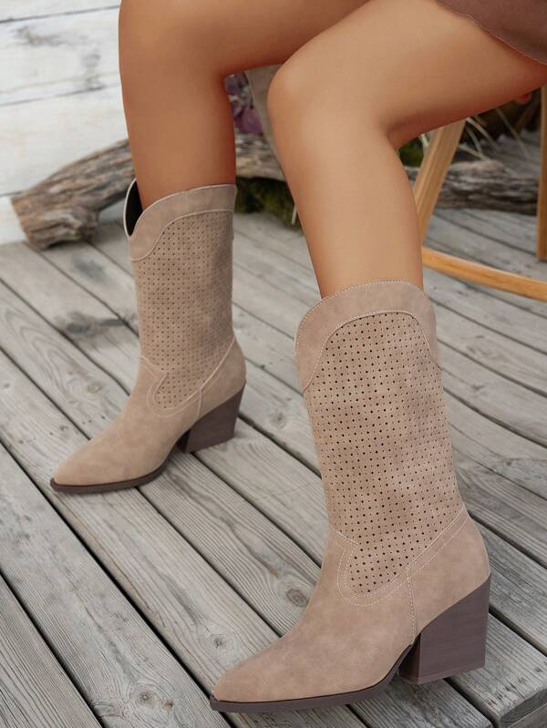 Women Embroidered Long Boots Spring & Autumn New Short Boots Chunky Heel Retro Boots Long Cowboy Boots Western Boots Khaki Perforated Breathable Boots