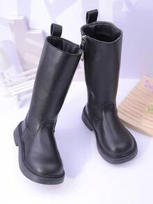 Children's Flat Boots, Girls Shoes For Autumn/Winter, Side Zipper Mid-Calf Boots, Toddler/Little/Big Kid Thick Sole - Black - View 3