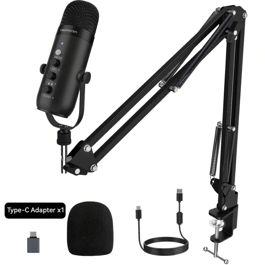 Haomuren Gaming Microphone Kit For Phone/PC/Laptop,Podcast Condenser USB Mic With Boom Arm, Cardioid Microphone With Mute Button,Echo Volume Gain Knob,Adjust Monitor For Living Streaming, Recording, Podcasting, No Lightning Adapter - 白色 - 查看 1