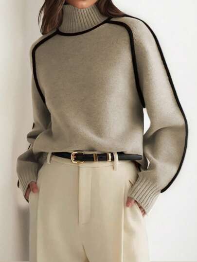 Autumn Casual Top, French Style Women's Knitted Pullover Sweater, Color Block, Back To School Apparel, Fashionable, Teacher , 70s Knitwear, Commuting, Minimalist, Office Wear, Retro, Simple, French, Vintage Fall Top, Teacher Sweater, High Neck, Drop Shoulder Long Sleeve, Women Loose Color Block Long Sleeve Knitted Pullover Sweater, Suitable For Outerwear