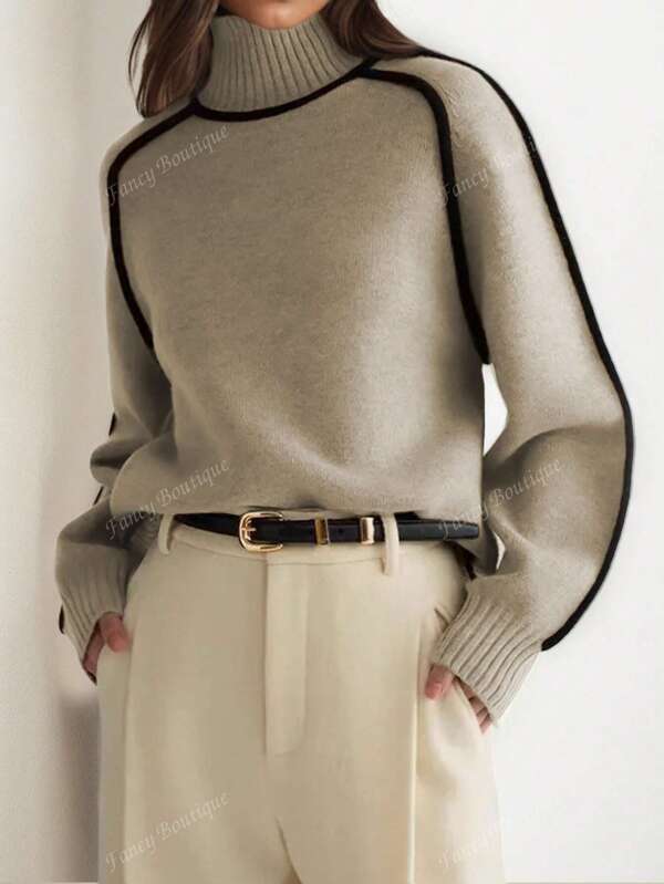 Autumn Casual Top, French Style Women's Knitted Pullover Sweater, Color Block, Back To School Apparel, American Long Shirt, Fashionable, Teacher Outfit, 70s Knitwear, Commuting, Minimalist, Office Wear, Retro, Simple, French, Solid Color Sweater, Vintage Fall Top, Apricot, Teacher Sweater, High Neck, Drop Shoulder Long Sleeve, Women Loose Color Block Long Sleeve Knitted Pullover Sweater, Suitable For Outerwear
