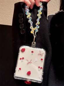 可爱红色蝴蝶结爱心透明折叠硬壳手机壳，兼容三星 Galaxy Z Flip7 Flip6 5 Z Flip 4 Z Flip3 INS 可爱透明防震保护后盖 - 草莓蝴蝶結 - 查看 5